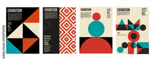 Obraz Art exhibition posters with abstract painting design. Vector vertical banners, invitation flyers to museum or gallery with trendy creative background with colorful patern blobs and drawn shapes.