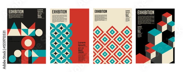 Obraz Art exhibition posters with abstract painting design. Vector vertical banners, invitation flyers to museum or gallery with trendy creative background with colorful patern blobs and drawn shapes.