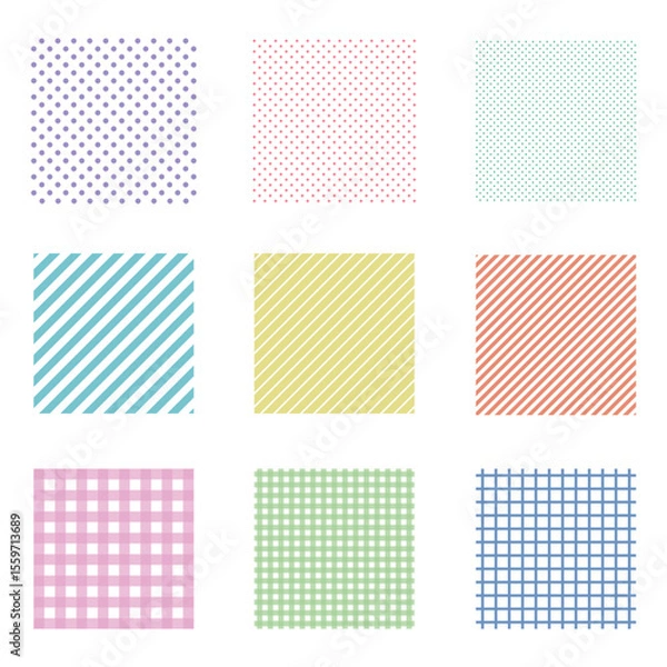 Obraz 水玉とストライプとチェックのかわいいパターンセット