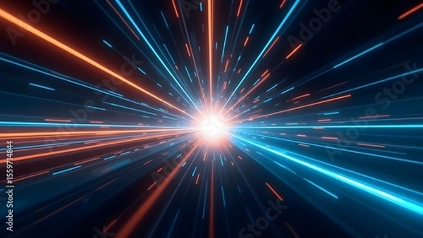 Fototapeta Energetic Light Explosion: Dynamic Blue and Orange Glowing Rays Convergence

