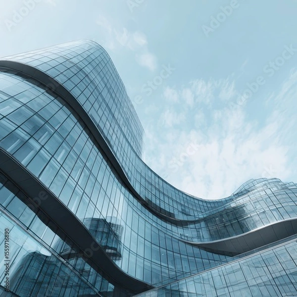 Fototapeta Low-angle view of a modern, glass-fronted skyscraper with a curved, flowing design against a pale sky