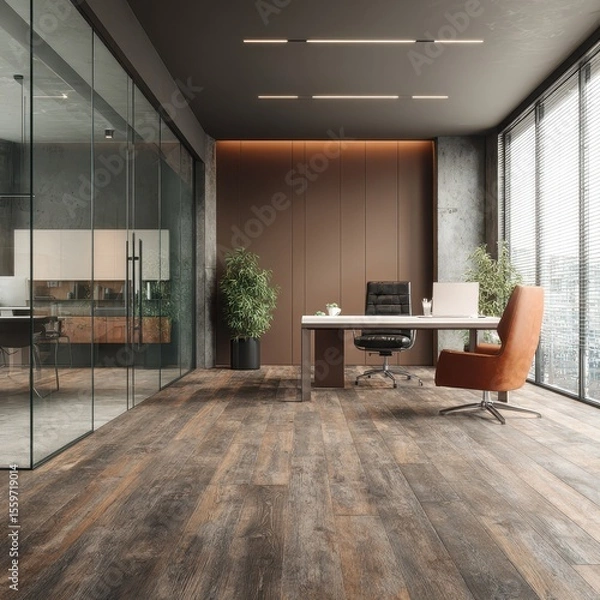 Fototapeta Modern office with wood floors, glass walls, brown accents, and a large window offering natural light.  A desk and chairs are the focal point