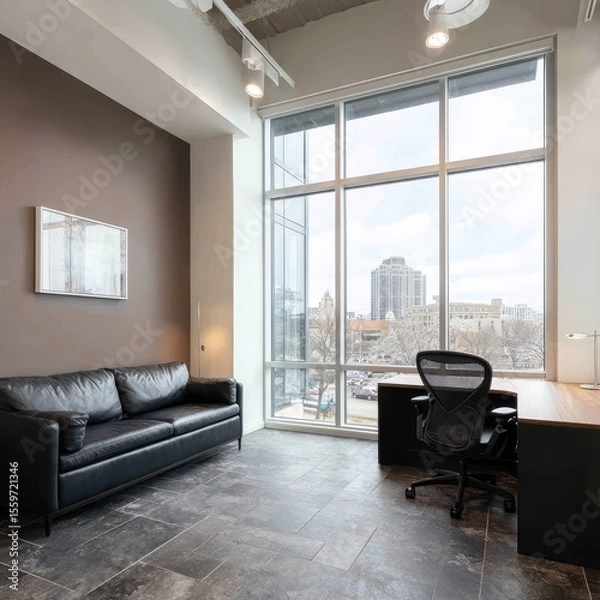 Fototapeta Modern office space with large window offering city view, featuring a black leather sofa, desk, and chair on a tiled floor