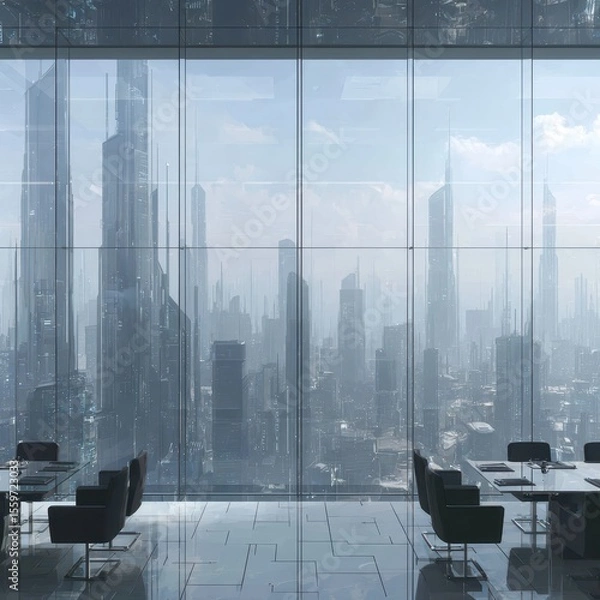 Fototapeta Futuristic cityscape viewed from a sleek, modern office with large windows and two conference tables