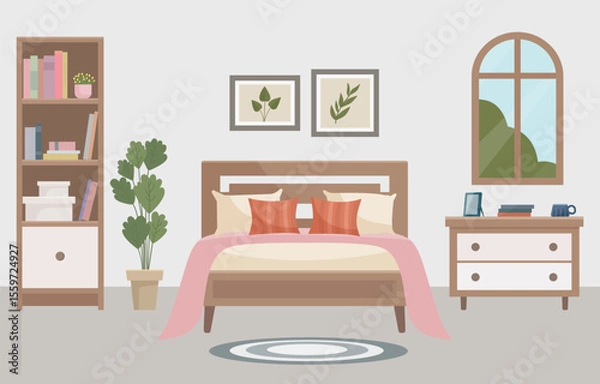 Fototapeta Warm and cozy bedroom with a comfortable bed, soft light lamp, window, bookshelf and indoor plant. Interior concept. Ideal for websites, social media posts, blogs and interior design projects.