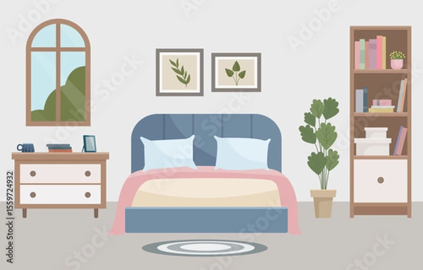 Fototapeta Flat vector of cozy living room with bed, window, bookshelf and home decor. Ideal for websites, social media and interior design projects. Home furniture.