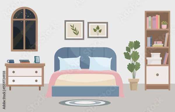 Fototapeta Flat vector of cozy living room with bed, window, bookshelf and home decor. Ideal for websites, social media and interior design projects. Home furniture.