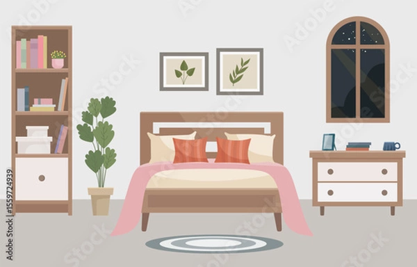 Fototapeta Warm and cozy bedroom with a comfortable bed, soft light lamp, window, bookshelf and indoor plant. Interior concept. Ideal for websites, social media posts, blogs and interior design projects.