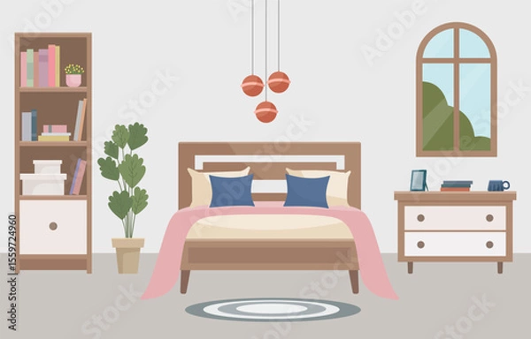 Fototapeta Warm and cozy bedroom with a comfortable bed, soft light lamp, window, bookshelf and indoor plant. Interior concept. Ideal for websites, social media posts, blogs and interior design projects.