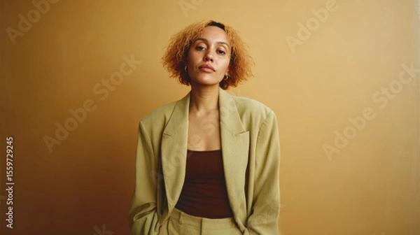 Obraz Caucasian creative professional in suit poses confidently against golden backdrop. Retro-styled portrait
