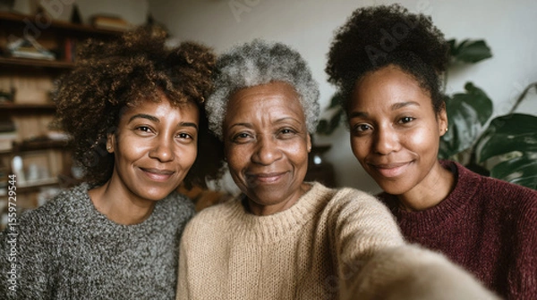 Obraz Three Black women family of different generations smile during a cozy family selfie at home
