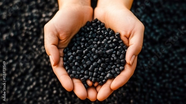 Fototapeta Hands holding a handful of black plastic polymer pellets against a background of more pellets.