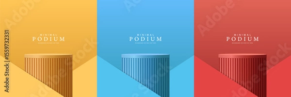 Obraz Set of yellow, blue and red realistic 3d cylinder stand podium. Product Minimal display stand. Abstract geometric shapes in a simple design. Fashion stage mockup scene. Studio product display stand.