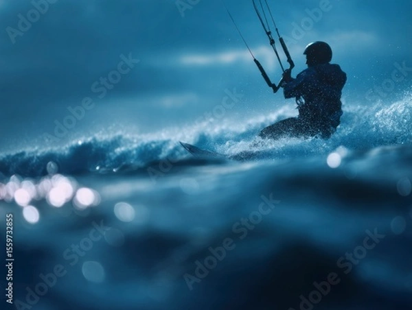 Obraz Kitesurfer gliding over water dark helmet harness gear visible in stormy conditions