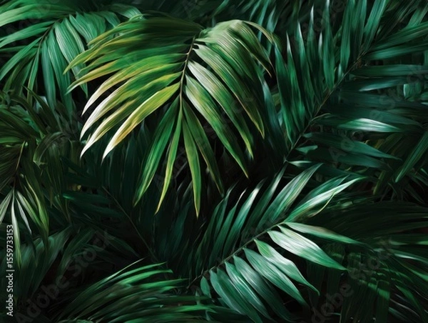 Obraz Lush dense cluster of vibrant green palm leaves filling the frame with sharp and detailed textures