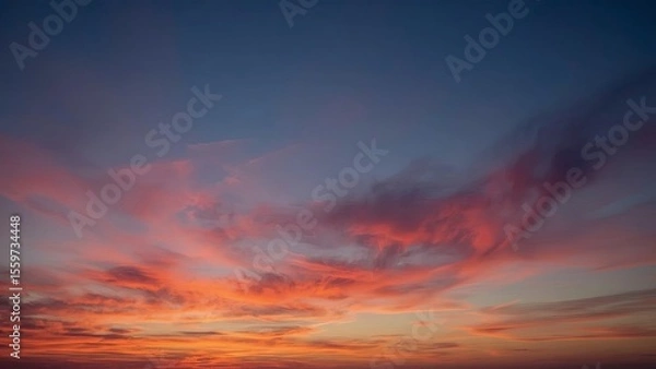 Fototapeta Magnificent sky at sunset painted in vibrant hues of orange, pink, and purple, with soft clouds drifting across the glowing horizon, creating a serene and breathtaking view of nature’s evening beauty