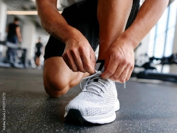 Obraz Man tying shoelaces on a white sneaker in a gym workout equipment in background