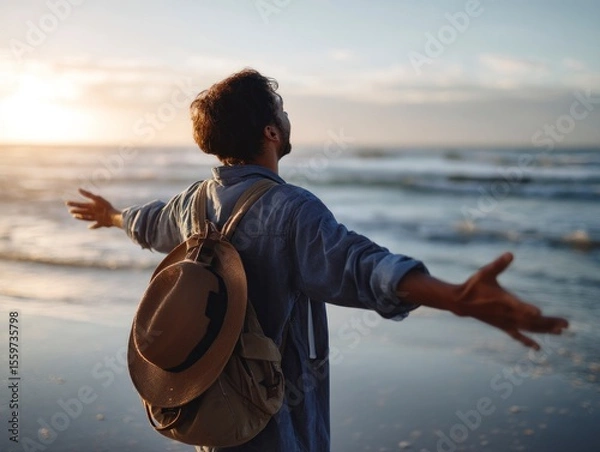 Obraz Man with backpack and outstretched arms faces the ocean