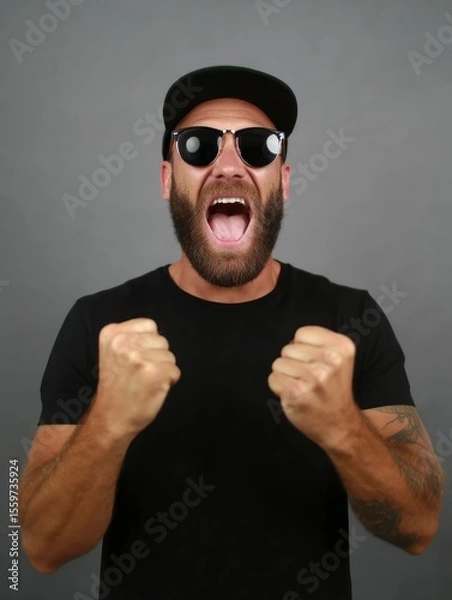 Obraz Man with beard sunglasses  hat shouts with fists clenched arms at sides