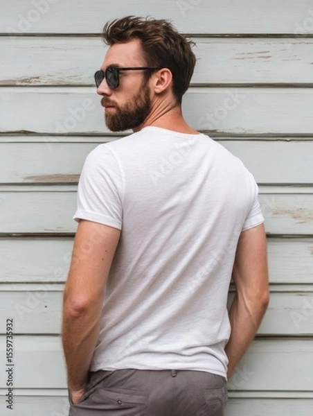 Obraz Man with beard sunglasses  white tshirt poses against a weathered wall