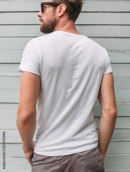 Obraz Man with beard wearing white shirt and sunglasses hands in pockets stands against blue paneling