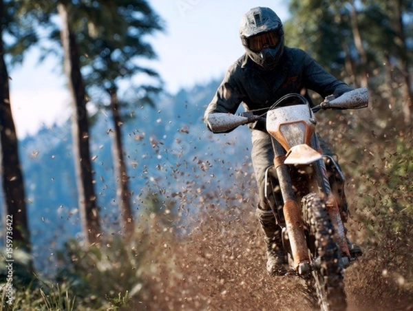 Obraz Motorcyclist speeding on a dirt trail kicking up debris amid blurred trees