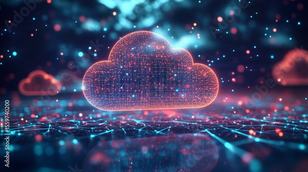 Fototapeta Abstract cloud computing with glowing connections and icons, symbolizing modern digital innovation and seamless data flow.
﻿