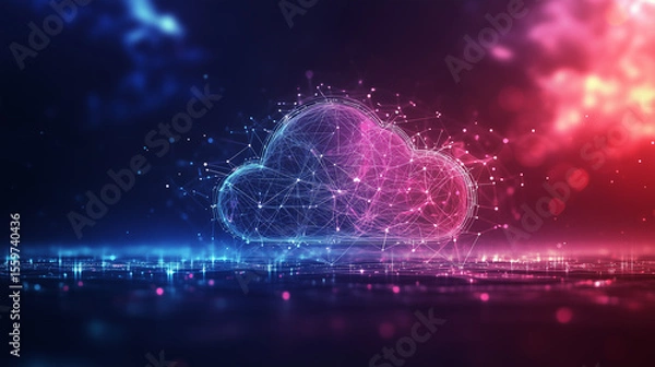 Fototapeta Abstract cloud computing with glowing connections and icons, symbolizing modern digital innovation and seamless data flow.
﻿