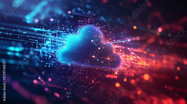 Fototapeta Abstract cloud computing with glowing connections and icons, symbolizing modern digital innovation and seamless data flow.
﻿