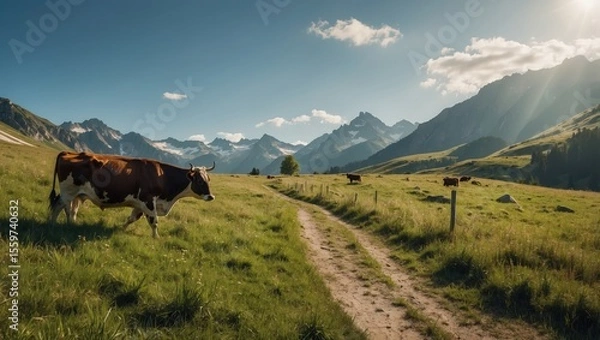 Fototapeta Brown and white cows grazing on green alpine meadow with dirt path and majestic mountain range in summer light