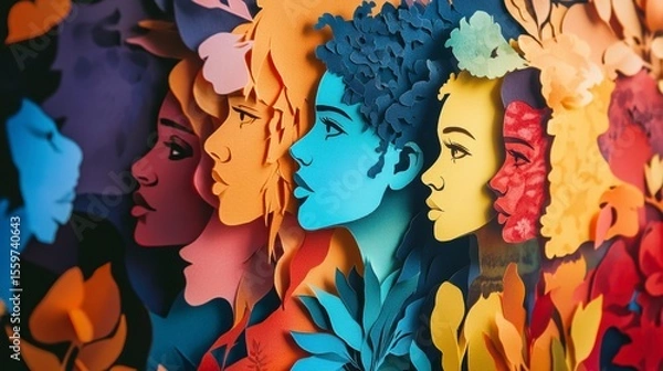 Fototapeta Colorful paper cut-out profiles of diverse women's faces, surrounded by leaves.