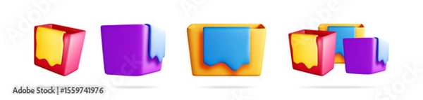 Fototapeta 3D set of wash water basin with cloth isolated on white. Render collection of square cleaning bucket with duster icon