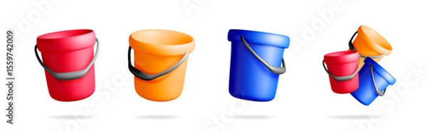 Fototapeta A collection of multiple colorful 3d buckets with handles. Fun plastic pails in various positions for playtime or household tasks.