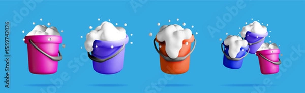 Fototapeta Set of 3d rendering multicolored buckets with white soapy foam and bubbles. Household cleaning concept for website.