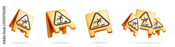 Fototapeta Set of yellow 3d wet floor danger signs. Safety warning symbol for hazard prevention. Cleaning or construction site alert.
