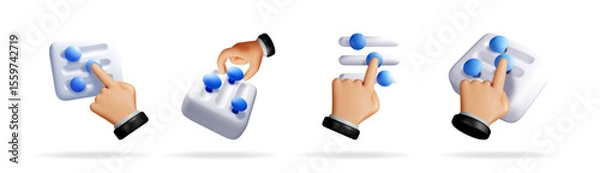 Fototapeta Group of 3d hands interacting with design elements. Set of graphic interface and content management icon. Web development and uiux concept.