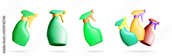 Fototapeta Cleaning spray bottles for home cleanup. Set of household chemical products with trigger dispenser. Cartoon 3d vector illustration.