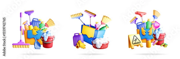 Fototapeta Three 3d stock vector illustrations featuring cleaning tools. Set of colorful household supplies for spring clean concept.