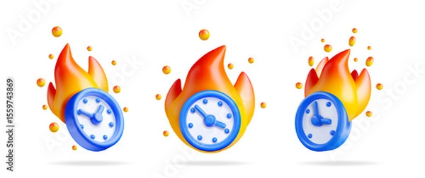 Fototapeta Three blue 3d alarm clock icon set with orange flames, fiery time urgency concept for business deadline.