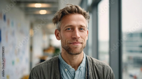 Obraz Caucasian male startup manager smiles casually in a bright modern office environment