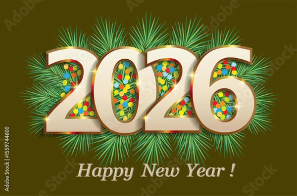 Obraz Merry Christmas and Happy New Year 2026. Festive background with number 2026 on fir branches with colorful confetti. Vector illustration for greeting cards, banners, posters, typography, web, icon.