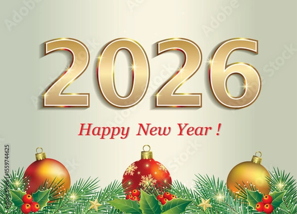 Obraz Merry Christmas 2026. Festive bright background with golden New Year date 2026 decorated with spruce, rowan branches and balls.