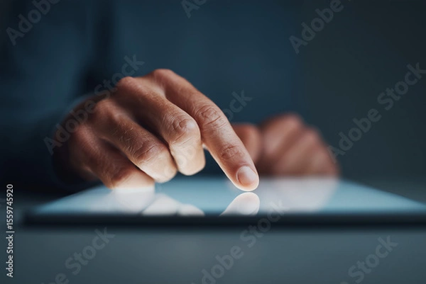 Fototapeta Closeup of businessman’s hands scrolling on tablet — professional, sleek interaction with digital touchscreen