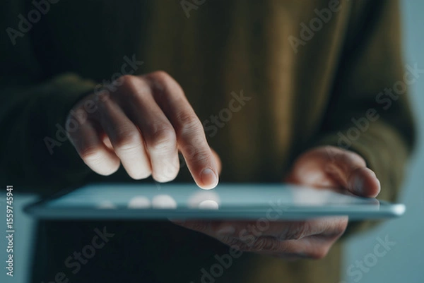 Fototapeta Closeup of businessman’s hands scrolling on tablet — professional, sleek interaction with digital touchscreen
