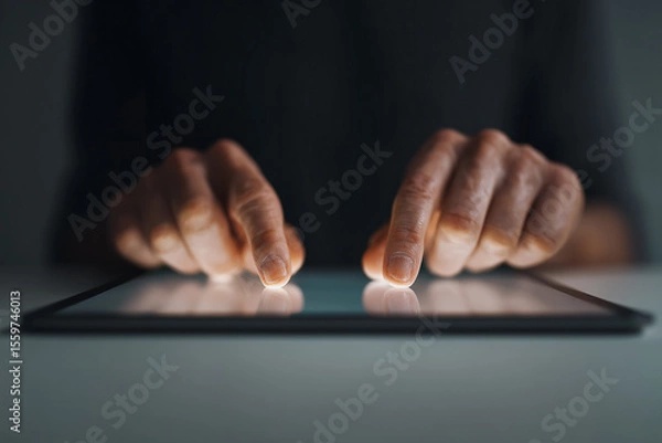 Fototapeta Closeup of businessman’s hands scrolling on tablet — professional, sleek interaction with digital touchscreen