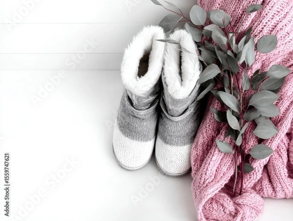 Obraz A pair of light grey slippers and a pink knitted blanket with a plain white background with copy space