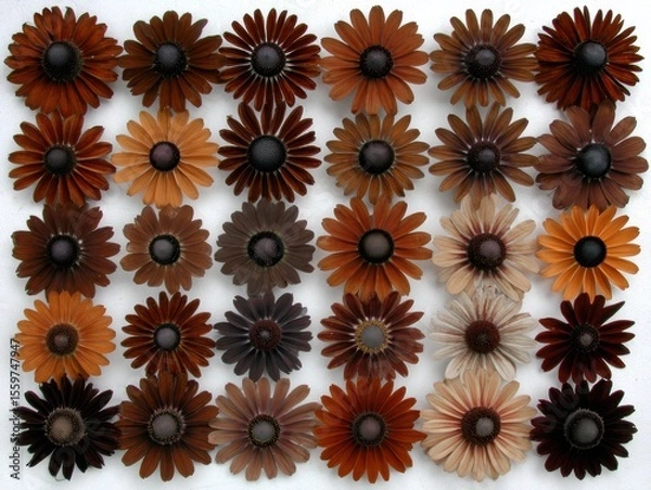 Obraz Rows of flowers with a white background. The flowers are of different shades of brown and are arranged in a grid