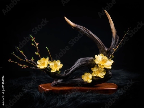 Obraz wooden sculpture with natural feel and shiny yellow flowers on a solid black background.