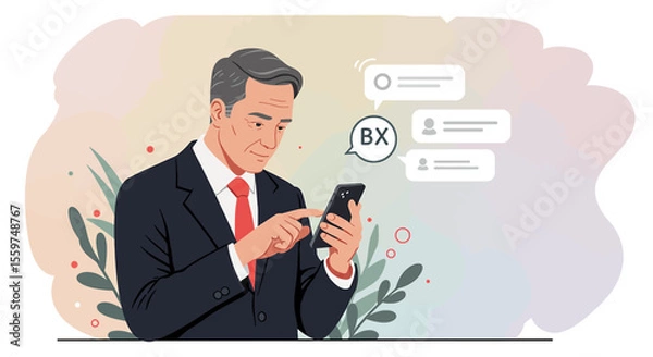 Fototapeta a man in a suit, engrossed in his phone, with chat bubbles above him indicating a conversation. Suitable for landing page, banner, marketing, web design, presentation, infographic, etc.