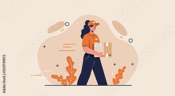 Fototapeta A young delivery woman in an orange uniform confidently carries a package, signifying reliable and fast delivery service against a minimalist background.